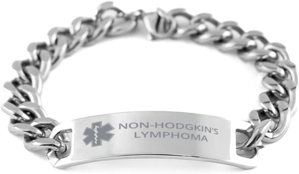Medical Alert Cuban Chain Stainless Steel Bracelet, Non-Hodgkin's Lymphoma Awareness, SOS Emergency Health Life Alert ID Engraved Stainless Steel Jewelry Silver Bracelet for Men Women Kis
