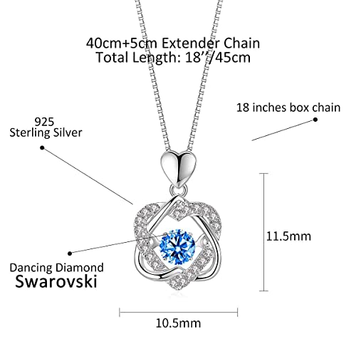 Dancing Heart Necklaces for Women Gifts, Love Pendant Necklace with Diamonds Birthstones from Swarovski,Sterling Silver 18K White Gold Plated, Blue White Rose Gold Charms