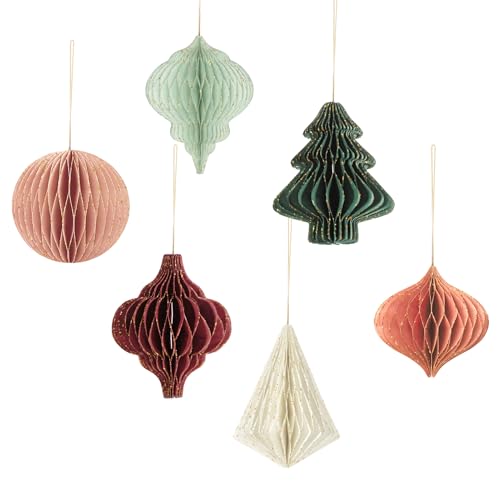 AOBKIAT Weihnachten Dekorationen,6 Stück Papier Ornamente mit Glitzerrand,Papierwaben Weihnachtsschmuck Hängende Dekorationen,für Weihnachtsbaum,Silvester,Heimdekoration