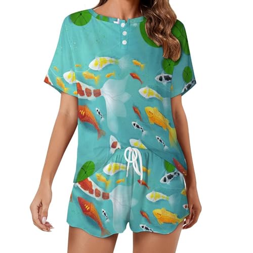 Pyjama pour femme manches courtes vêtement de nuit été Poisson D'étang sleepwear