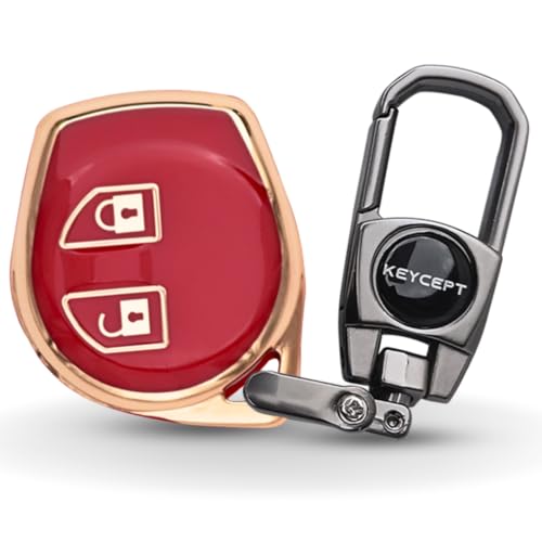 Image of KEYCEPT Gold Line TPU Key Cover Compatible with Suzuki Swift, Dzire, Ertiga, Baleno, Celerio, Ritz, Brezza, Scross, Fronx, Ciaz, Jimny, S Presso 2 Button Remote Key with Keychain. (Keychain 2, Red)