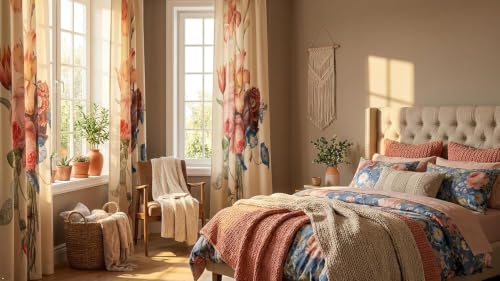 Image of Floral Printed Window Curtain for Living Room & Bedroom | Premium Polyester Door Curtain | Elegant Flower Design Drapes | Light Filtering Home Decor Curtain | Cream Multicolor (2 Pcs)