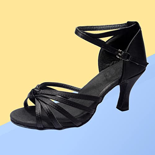 ARTIBETTER 1pair High-Heeled Latin Dance Shoes for Women Open-Toed Knotted Strap Design Black Grain Elegant Style for Dancing and Banquets2
