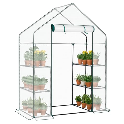 Outvita Walk-in Greenhouse, Outdoor Durable PE Plant Green House for Frost Protection with 3 Tiers 4 Shelves, Shelf Clips, Roll-up Zipper Door, 56"x29"x77" White