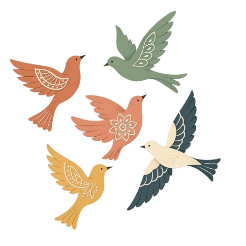 Image of GiftOday Wooden 3D Birds Wall Art Panel - Set of 5 | Handcrafted Wood Bird Folk Art Hanging for Living Room, Bedroom, Dining & Office Wall Decoration (Pack of 1)