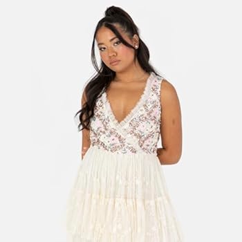 Maya Deluxe Maxi-jurk voor dames, korte engelenmouwen, ronde hals, bloemen, pailletten, verfraaid A-lijn voor bruiloftsgast, baljurk, Donkerblauw, 50