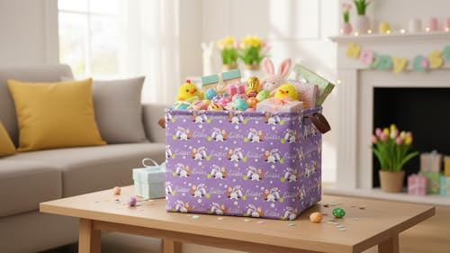Image of Rectangle Storage Basket with Handles,Collapsible Storage Bin,Books Box,Gift Basket(Purple Easter)