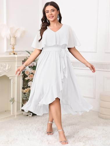 Image of Women Plus Size Long Formal Dress Short Sleeve Chiffon Ruffle V Neck High Low Split Wedding Guest Maxi Dresses
