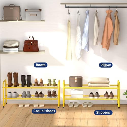 Image of 2 Pack Shoe Rack, 2-Tier Metal Stackable Shoe Shelf Storage Organizer, Heavy Duty Wire Shoe Stand for Entryway, Closet, Hallway, Holds 50 LBS, Gold