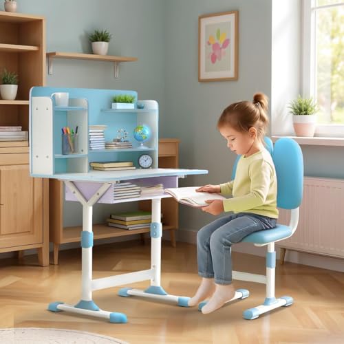 Image of BAYBEE Kids Study Table and Chair Set with Dual Back Support | Baby Study Table for Reading, Writing & Drawing | Ergonomic Kids Table Desk Chair with Book Storage Drawer & Shelves 2+ Years (Blue)