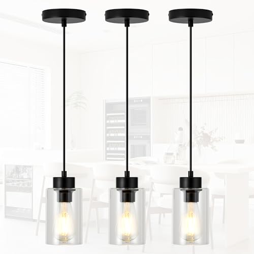 Pendant Lights Kitchen Island 3 Pack, Modern Black Hanging Lights Fixtures with Clear Glass Globe Shade, Kitchen Island Lighting for Bathroom