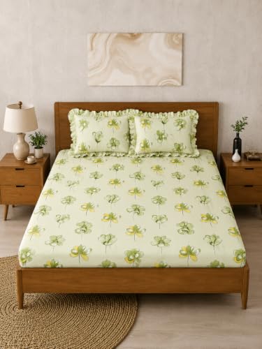 Image of 380 TC Premium Glace Cotton Elastic Fitted Bedsheet King Size with 2 Pillow Covers King Size | Double Bed with All Around Elastic (NEW Green, Fitted Queen-60x78)