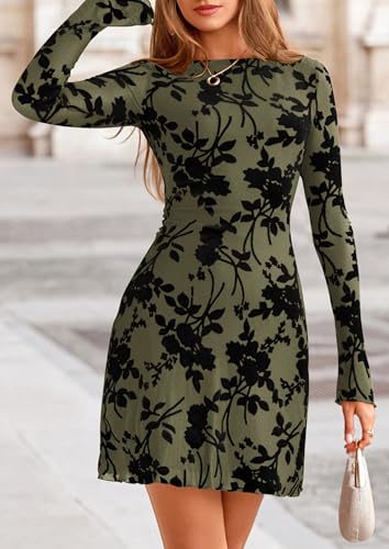 Image of PRETTYGARDEN Women's Fall Floral Long Sleeve Mini Dress | Printed Sheer Mesh, Bell Sleeve Boat Neck, Bodycon Short Dresses, Party Date Night, Cute Casual Outfits, Fashion Clothing