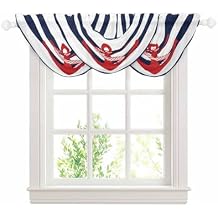 Navy Blue Stripe Nautical Waterfall Valances for Windows, Red Anchor Summer Coastal Kitchen Sheer Valance Curtains, Rod Pocket Elegant Swag Valances for Living Room Bedroom, 47.2"x38.5", 3 Panel