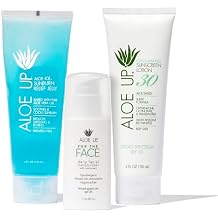 Aloe Up Aloe Ice Sunburn Relief Jelly, SPF 25 For the Face Daily Moisturizer Sunscreen, and White Collection Sunscreen Lotion SPF 30 - Bundle with Sunscreen and After Sun Gel - Reef Friendly - 3 Items