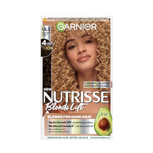 Garnier Nutrisse Blonde Lift Hair Dye, Vegan, UL2 Caramel Blonde Lift. Provides 100% grey coverage and 4 levels of lift. No-ammonia, vegan for sweet, creamy caramel blonde tones and soft results.