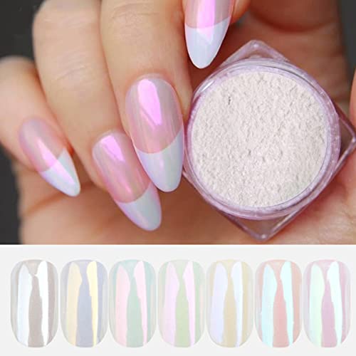 7 Colors Pearl Chrome Nails Powder Aurora Mica Metallic Pigment Set Mirror Effect White Chrome Powder Shell Iridescent Nail Art Glitters Glossy Fairy Manicure Decor Brush Rub Dipping Manicure Powder #TOP4