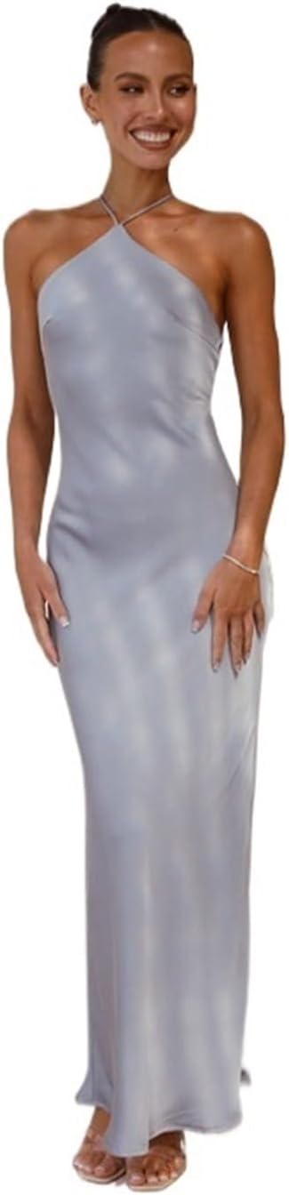 DAGIN Womens Satin Sexy Lingerie Spaghetti Strap Cowl Neck Elegant Long Slip Satin Silk Midi Dress (Color : Blue, Size : Medium)