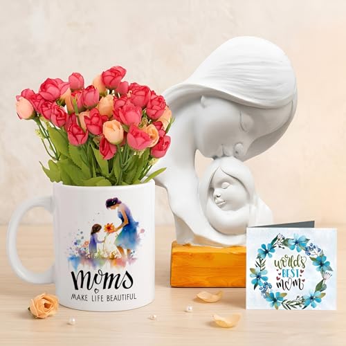 Image of TIED RIBBONS Gift for Mom, Birthday Gift for Mom Wife Women Mother in Law Mummy (Mother with Child Statue, Artificial Flower Bunch, Ceramic Coffee Mug & Greeting Card) Set