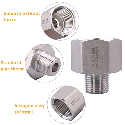 Image of Forged Reducer Adapter Fitting - Stainless Steel 304 Reducing Pipe Connector, 3 /4 inch NPT Female x 3 /8 inch NPT Male (pack of 5)