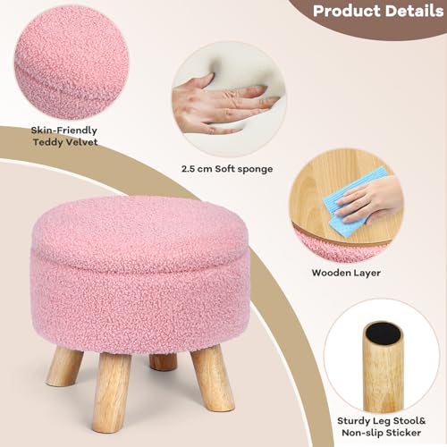 Ogemxu HY188-W1 Storage Ottoman, Round Small Ottoman With Storage, Teddy Velvet Foot Stool With Wood Legs, Foot Rest For Chair, Soft Sponge Footstool For Living Room, Couch, Bedroom  thumb #6