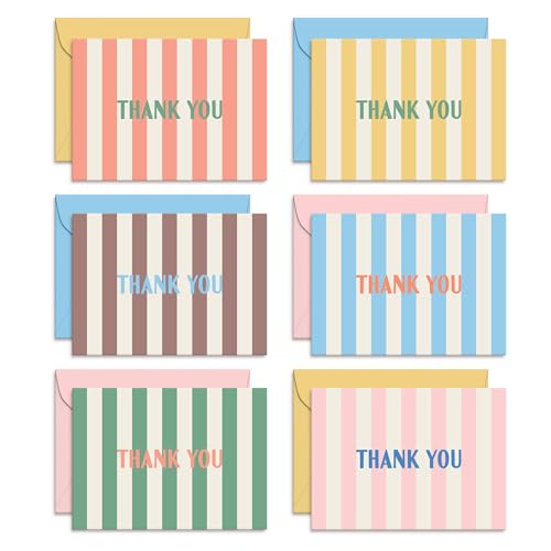 Sweetzer & Orange Summer Stripes Thank You Cards – Set of 24 Blank Cards with Envelopes – 6 Colorful Designs (4 of Each) – 4x5.5 Flat Note Cards – Pastel Pink, Blue & Yellow Envelopes – Thick Paper