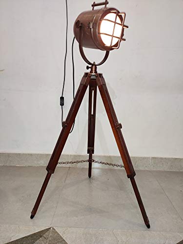 INDIAN PRIDE NAUTICAL Aluminum and Wooden Tripod Floor Spotlight Lamp Antique Decor Decorative Lamps Copper Finish Home Decor (Brown)