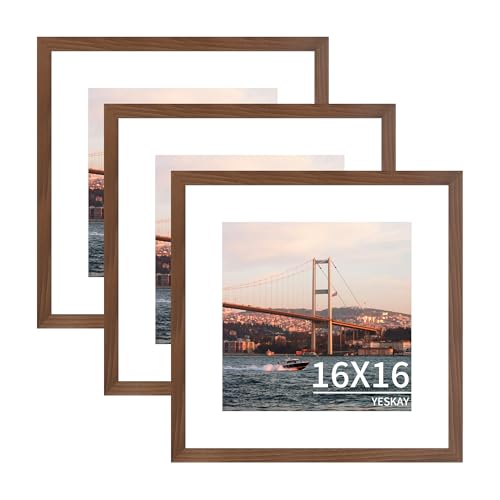 YESKAY 16x16 Picture Frame 3 Pack - Brown Poster Frame Display Pictures 12x12 with Mat or 16 x 16 Without Mat for Wall Hanging Horizontal and Vertical