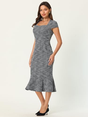 Women's Tweed Fishtail Dress Square Neck Cap Sleeve Formal Work Dresses3