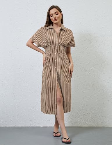 Women Striped Button Down Shirt Maxi Dresses Summer Pleated Short Sleeve Collar Casual Corset Long Dress Brown3