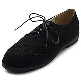 Ollio Women's Flat Shoe Wingtip Lace Up Faux Nubuck Oxford M2920 (7.5 B(M) US, Black)