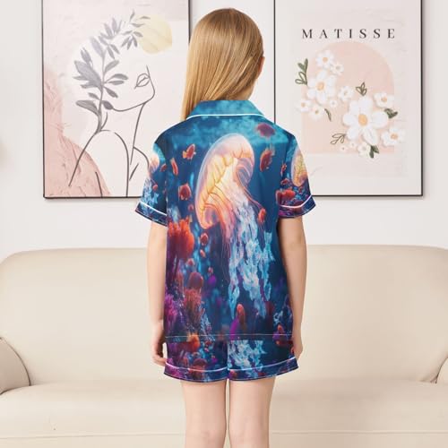 ALAZA Jellyfish Fish Ocean Sea Satin Pajamas Set Short Sleeve Button Down Sleepwear Summer Pjs 2 Piece4