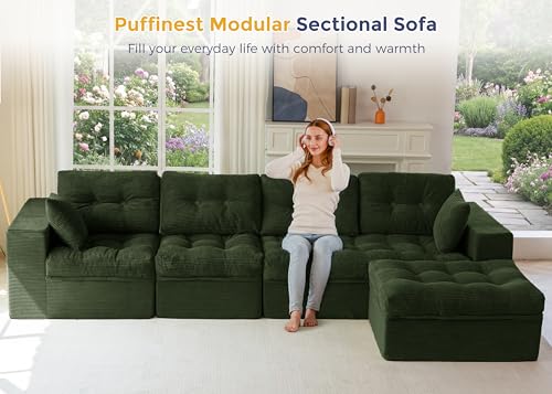 Image of MAXYOYO 132 inch L Shaped Modular Sectional Sofa with Ottoman, Cloud Boneless Couch with Layered Cushion, Upholstered Sofa in a Box, Flexible Module Combination for Living Room, No Assembly, Dark Green