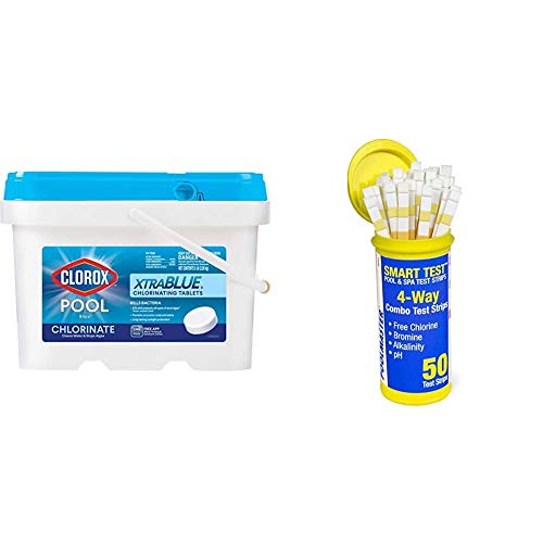 Clorox Pool&Spa XtraBlue 3-Inch Long Lasting Chlorinating Tablets, 5-Pound Chlorine & Poolmaster 22211 Smart Test 4-Way Swimming Pool and Spa Water Chemistry Test Strips, 50 Count (Pack of 1)