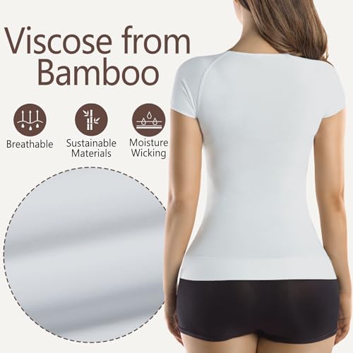Image of +MD Women's Seamless Short Sleeve Undershirt, Light Compression Scoop Neck Tank Top, Tummy Control Basic Tee Camisole