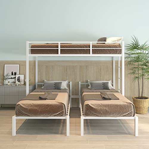 Cama de plataforma de tamaño individual con estantería y cabecero, cajones de almacenamiento y estantería en forma de L, color blanco (litera triple blanca)
