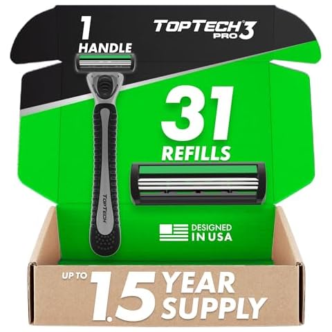 TopTech PRO 3 Razors for Men - Manual Shaving Razor with Replaceable Cartridges - 32 Count Pack (1 Handle + 31 Refills) - 3-Blades Technology - Soft Shave & Sharp Blades - Great Refill Price Cover