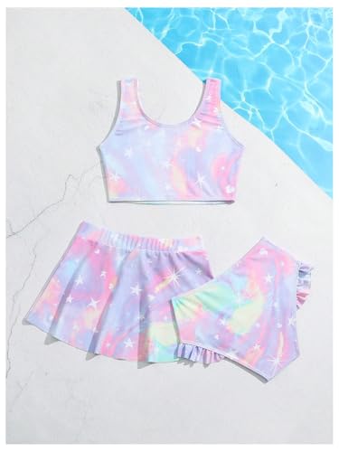 SweatyRocks Girl's 3 Piece Swimsuit Tie Dye Graphic Ruffle Bathing Suit with Beach Coverup Skirts2