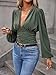 GORGLITTER Women's Ruched Deep V Neck Button Front Smock Lantern Sleeve Crop Top Blouses Army Green Medium