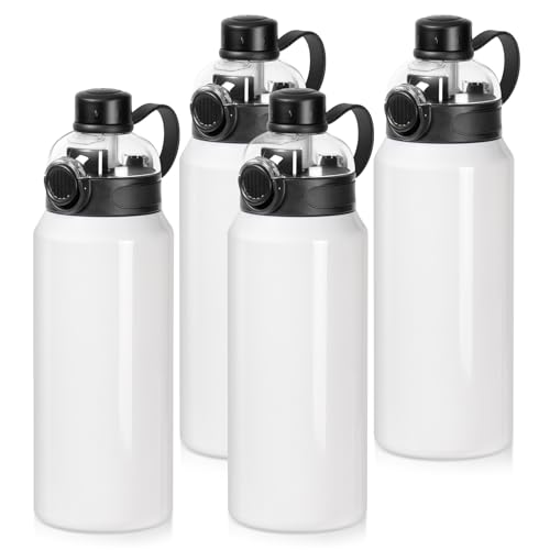 PYD Life 4 Pack Sublimation Sports Water Bottle Blanks 32 OZ 960 ML White Tumblers Cups Vacuum Flask Jug with Straw Spout Pop Lid and Silicone Handle for Sublimation Printing