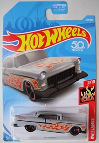 Hot Wheels HW FLAMES 2/10, LT. GRAY '55 CHEVY with RED FLAMES 300/365 50TH ANNIVERSARY CARD
