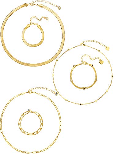 6 Pieces Gold Chain Necklace Bracelet Set Adjustable Dainty Paperclip Link Beaded Herringbone Snake Chain Choker Necklace Bracelet for Women Girls