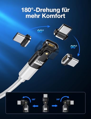AUFU Adaptador Magnético USB C 240W, 16PIN, Giro de 180° (Paquete de 2), Carga Rápida 48V/5A, Conector Magnético Tipo-C para MaBook Pro, Portátiles y Dispositivos USB-C - imagen 2