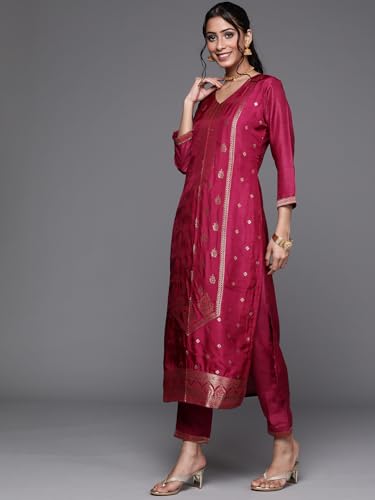 Image of Libas Womens Embellished Silk Blend Straight Kurta With Trousers and Dupatta