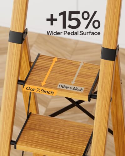Image of 6 Step Ladder for 12ft High Ceiling, Lightweight Aluminum Folding Step Stool with Convenient Handgrip, Stepladders with Anti-Slip and Wide Pedal for Home and Kitchen Use - Woodgrain (300 lbs)