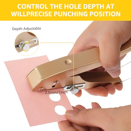 Single Hole Punch, 15mm Adjustable Lever Punch Hole, Portable Hole Edge Banding Punching Plier, Handheld Round Hole Punching Tool, Metal Paper Hole Punches with Positioner for Paper Photo Card