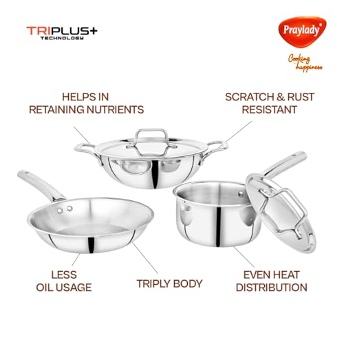 Image of Praylady TRIPLUS 5-Piece Triply Cookware Set | 24cm Kadai+24cm Lid+22cm Frypan+16cm Saucepan+16cm Lid | Triple-Layered Stainless Steel-Aluminum | Induction & Gas Compatible