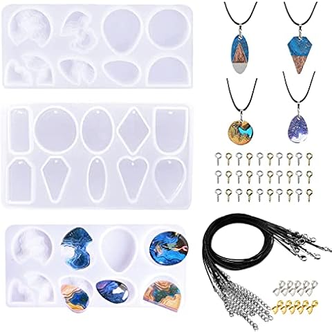 Cayway 3 Pcs Resin Necklace Moulds for Resin Casting Silicone Pendant Moulds with Necklace Cord and Pendant Clip Screw for Jewellery Making DIY Resin Craft Starter Kit Cover