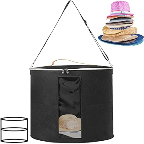 Double Layer Hat Storage Box with Dust Lid and Clear Front Panel, LASZOLA Large Felt Hat Box Organizer Round Dustproof Travel Hat Container Stuffed Animal Toy Storage Bin Bag - Foldable & Detachable Cover