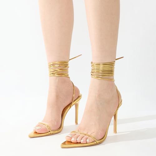 Image of Cape Robbin Women's Lace Up Stiletto Heel Sandals - Pointed Open Toe Clear Strap Ankle Wrap Tie Up High Heels (Moroni)
